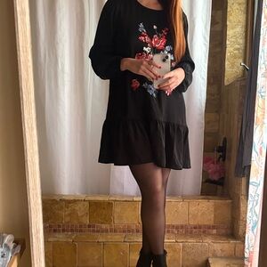 Express Black Floral Embroidered Shift Dress